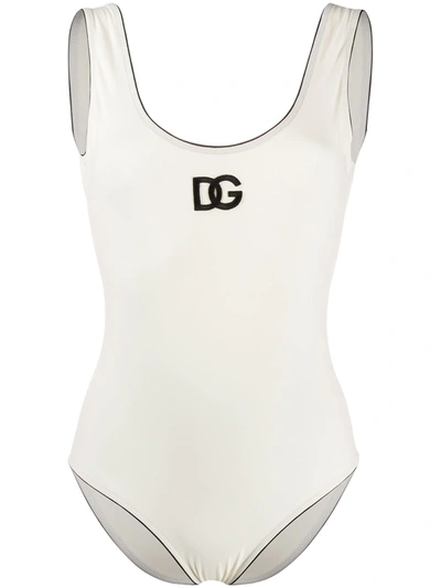Shop Dolce & Gabbana Embroidered Dg Swimsuit In White