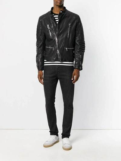 Neil Barrett Hand Printed Leather Biker Jacket In Black