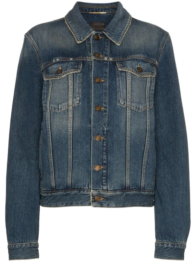 Shop Saint Laurent Denim Jacket With Rear Logo Print In Blue