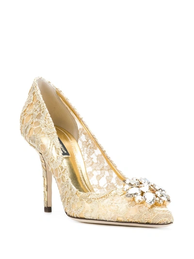 Dolce & Gabbana Lurex Lace Rainbow Pumps With Brooch Detailing In Gold