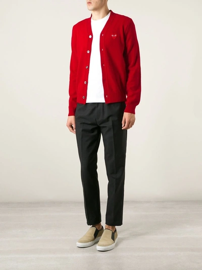 Shop Comme Des Garçons Play Embroidered Heart Cardigan In Red