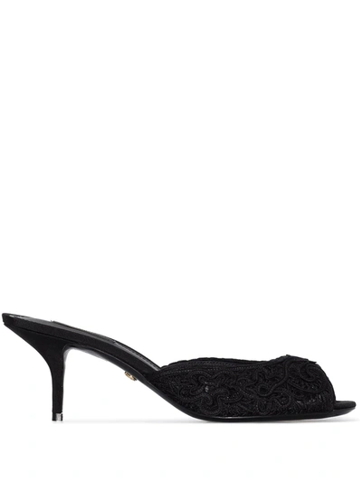 Shop Dolce & Gabbana Embroidered 70mm Lace Mules In Black