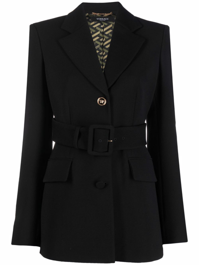 Shop Versace Belted Single-breasted Blazer In Black