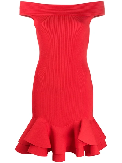 Shop Alexander Mcqueen Ruffled Hem Off-shoulder Dress In Red