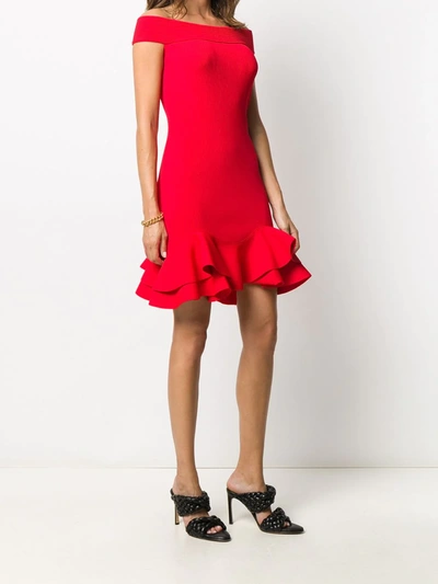 Shop Alexander Mcqueen Ruffled Hem Off-shoulder Dress In Red