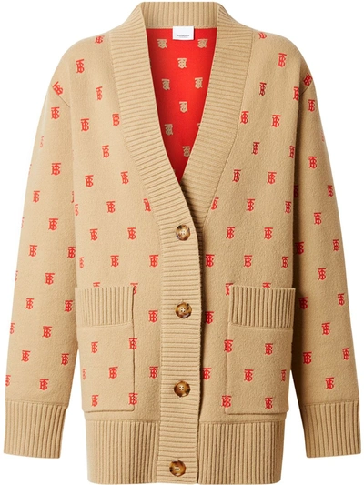 Shop Burberry Monogram Wool Cashmere Blend Oversized Cardigan In Neutrals