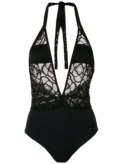 Shop Amir Slama Lace Panel Swimsuit In Black