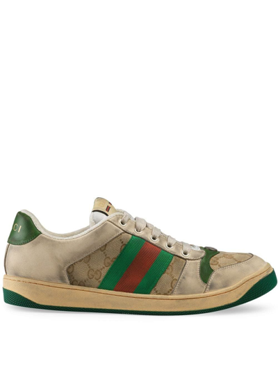 Shop Gucci Screener Leather Sneakers In Neutrals