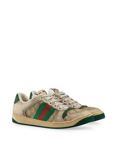 Gucci Gg Original Fabric And Leather Sneakers With Lateral Web Band In Neutrals