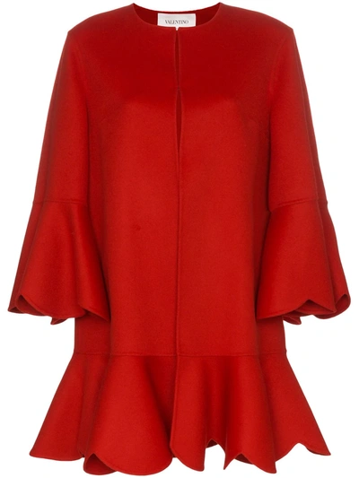 Shop Valentino Collarless Ruffled Coat In Red