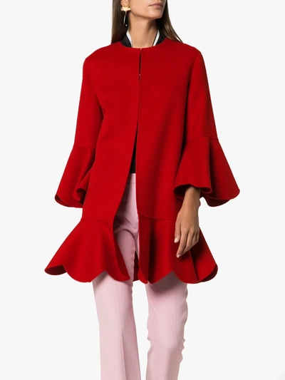 Shop Valentino Collarless Ruffled Coat In Red