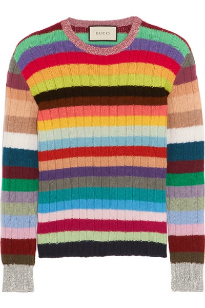 Gucci Rainbow-striped Cashmere And Wool-blend Sweater In Cyan | ModeSens