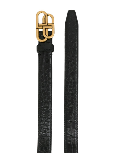 Shop Balenciaga Bb Crocodile-embossed Thin Belt In Black