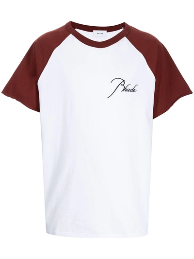 Shop Rhude Logo Print Two-tone Cotton T-shirt In White