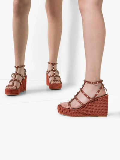 Shop Valentino Torchon Rockstud 90mm Wedge Sandals In Brown
