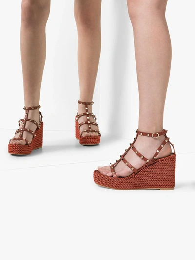 Valentino Rockstud Torchon 105 Leather Espadrille Wedge Sandals In Brown