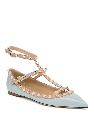 Shop Valentino Rockstud Patent Leather Cage Flats In Sky Blue