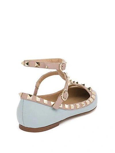 Shop Valentino Rockstud Patent Leather Cage Flats In Sky Blue