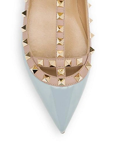 Shop Valentino Rockstud Patent Leather Cage Flats In Sky Blue