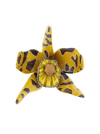 Shop Silvia Furmanovich 18kt Yellow Gold Diamond Sculptural Botanical Marquetry Spotted Orchid Brooch In Ylwgold