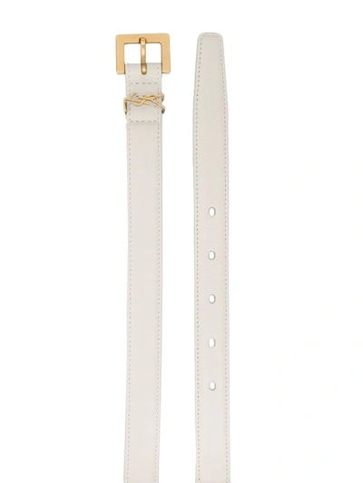 Shop Saint Laurent Monogram Square-buckle Narrow Belt In White