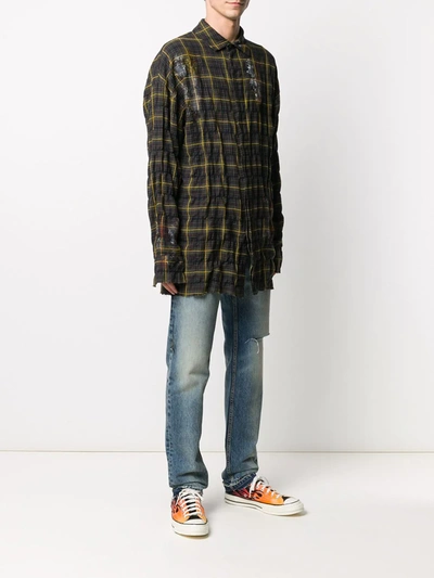 Shop Palm Angels Paint Effect Wrinkled Checked Shirt In Green