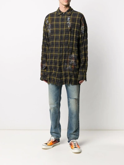 Shop Palm Angels Paint Effect Wrinkled Checked Shirt In Green