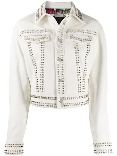 Philipp Plein Leather Jacket Studs Skull In White