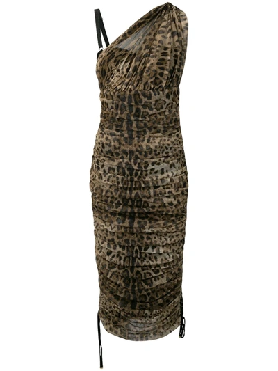 Shop Dolce & Gabbana Leopard Print Ruched Dress In Neutrals