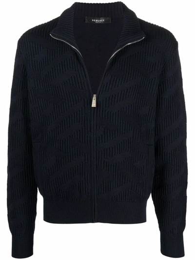 Shop Versace Ribbed-knit Wool Cardigan In Blau