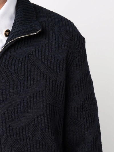 Shop Versace Ribbed-knit Wool Cardigan In Blau