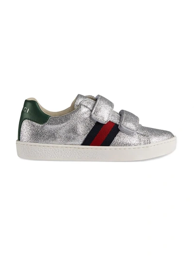 Shop Gucci Children's Glitter Sneaker With Web In Grey