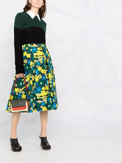 Shop Marni Floral-print Pleated Midi-skirt In Blue