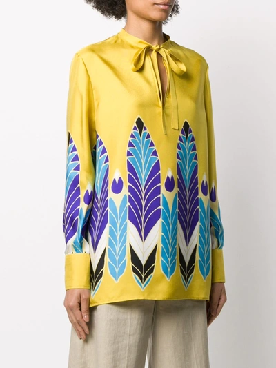 Shop Valentino Feather Print Bow Fastening Blouse In Yellow