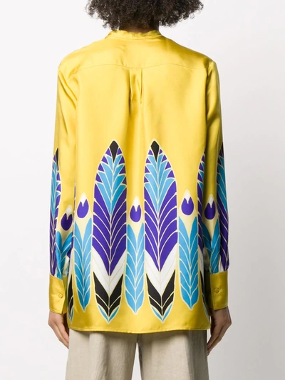 Shop Valentino Feather Print Bow Fastening Blouse In Yellow