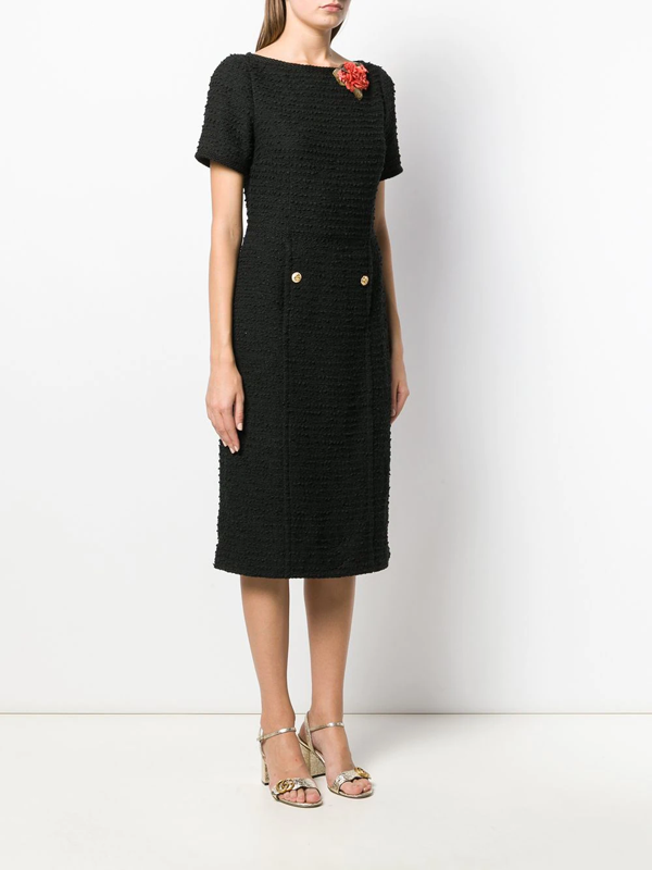 Gucci textured tweed floral brooch dress - Black