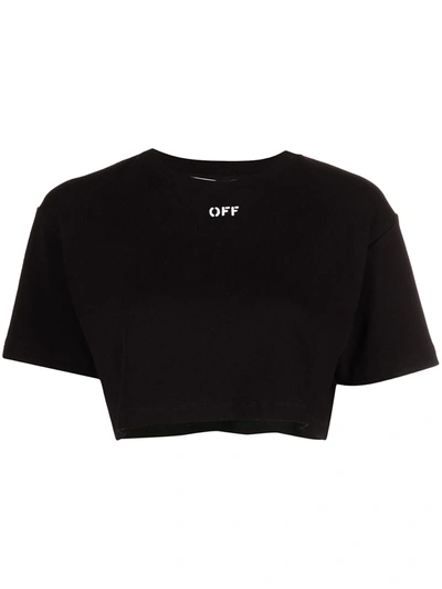 Shop Off-white Logo-print Cropped Rib T-shirt In Black