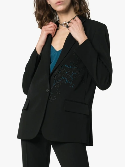 Shop Stella Mccartney Tonal Flower Embellished Wool Blazer In Black