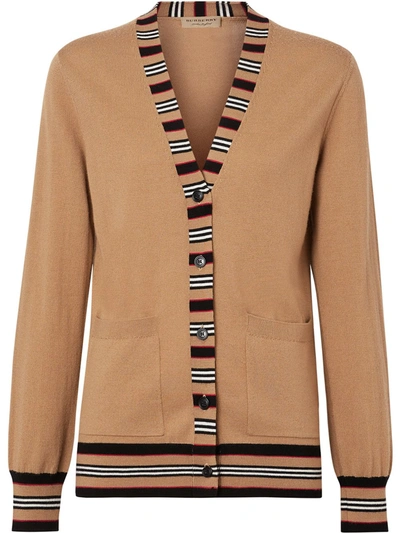 Shop Burberry Icon Stripe Detail Cardigan In Neutrals