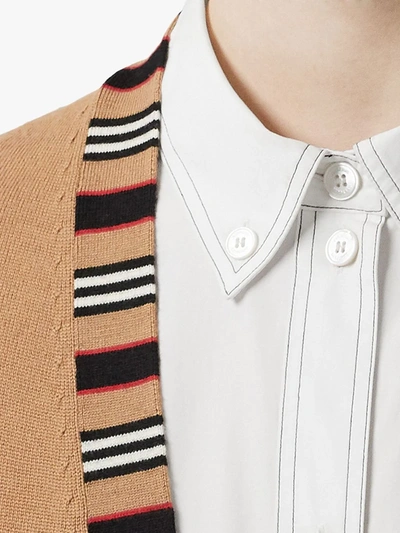 Shop Burberry Icon Stripe Detail Cardigan In Neutrals