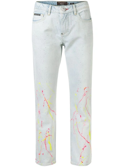 Shop Philipp Plein High-rise Cropped Paint Print Jeans In Blue