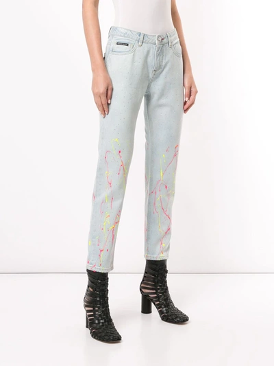 Shop Philipp Plein High-rise Cropped Paint Print Jeans In Blue