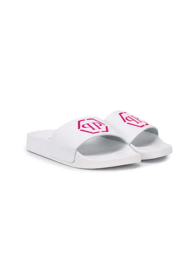 Shop Philipp Plein Logo Print Slides In White