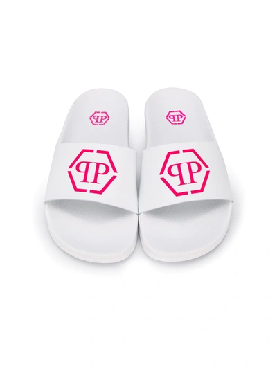 Shop Philipp Plein Logo Print Slides In White