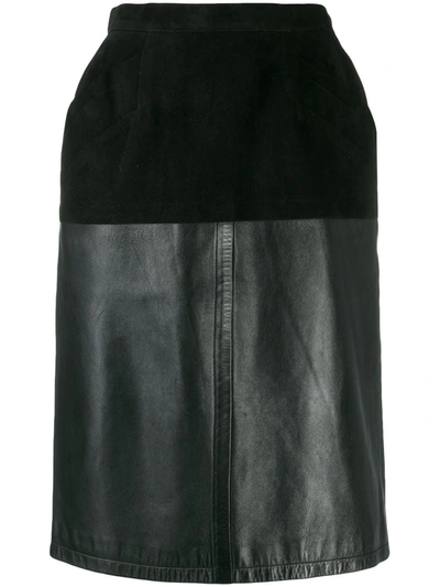 Pre-owned Saint Laurent 1980's Velvet Effect Panel Straight Skirt In Black