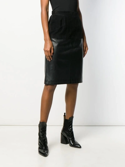 Pre-owned Saint Laurent 丝绒效果拼接直筒半身裙 In Black