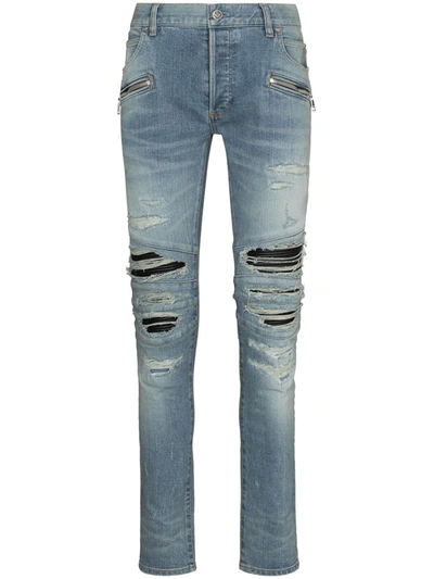 Balmain Men's Slim-fit Ribbed Patch Destroyed Jeans In Blue | ModeSens