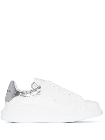 Alexander Mcqueen White Oversize Sneakers With Snake Print On The Heel In Leather Woman In Silver