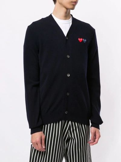 Comme Des Garçons Play Dual Signature Logo Patch Wool Cardigan In Blue