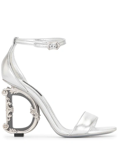 Shop Dolce & Gabbana Baroque Logo-heeled Sandals In Silver